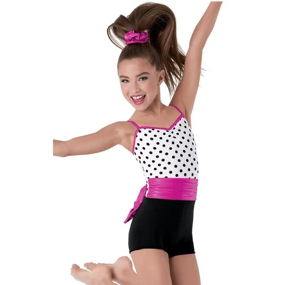 Weissman Other - Weissman Can't Buy Me Love Print Bodice Biketard One Piece Bow Fuchsia Leotard